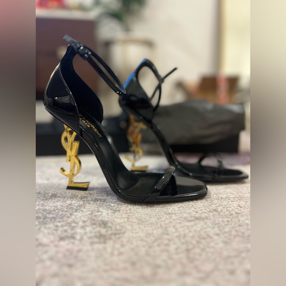 Saint Laurent Opyum 110 logo-embellished patent-leather sandals, black, 38.5